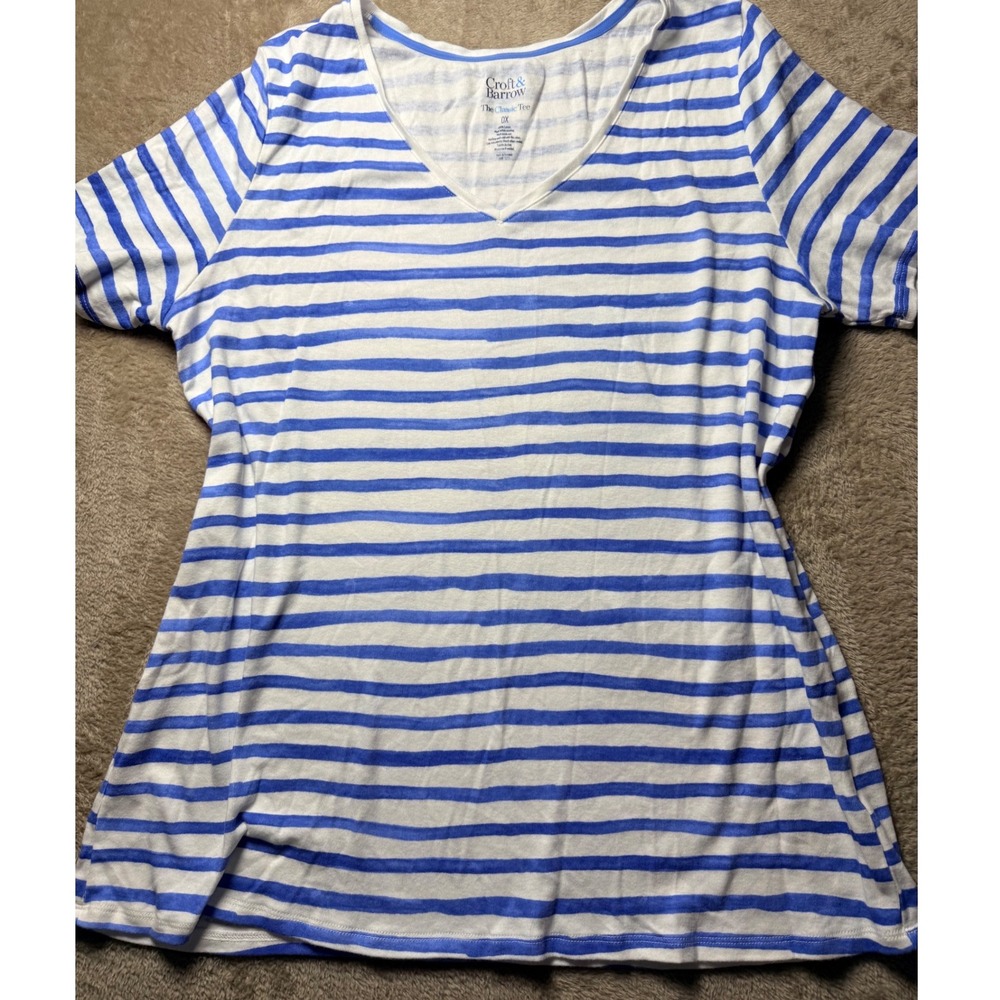 Croft & Barrow Womens Blue‎ White Striped V-Neck Short Sleeve Cotton T-Shirt 0X
